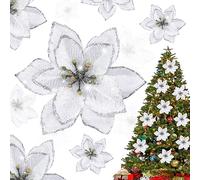 Shining She 10pcs Artificial Christmas Flowers, Christmas Glitter Poinsettia Flowers Ornament, Artificial Wreath-Flower for Xmas Party Decoration, Xmas Tree Ornaments Decor, Silver