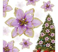 Shining She 10pcs Artificial Christmas Flowers, Glitter Poinsettia Flowers Ornament, Artificial Wreath for Xmas Party Decoration, Xmas Tree Ornaments, Purple