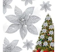 Shining She 10pcs Christmas Glitter Artificial Poinsettia Flowers, 5.9inch Artificial Christmas Flowers for Xmas Party Decoration, Xmas Tree Ornaments Decor, Silver