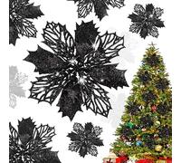 Shining She 10pcs Christmas Glitter Poinsettia Flowers Ornament, 5.9inch Artificial Christmas Flowers for Xmas Party Decoration, Xmas Tree Ornaments Decor, Black