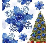 Shining She 10pcs Christmas Glitter Poinsettia Flowers Ornament, 5.9inch Artificial Christmas Flowers for Xmas Party Decoration, Xmas Tree Ornaments Decor, Blue
