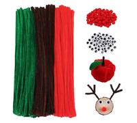 Shining She 500 PCS Christmas Pipe Cleaner Chenille Stem, 300 Colors Red Green Brown Pipe Cleaners, 100 Wiggle Eyes, 100 Red Pompoms Ball, Crafting-Pipe Cleaners For Diy Christmas Craf