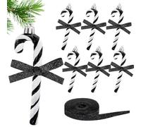 Shining She 6PCS Candy Cane Christmas Tree Decorations, 14CM Christmas Glitter Candy Cane with Black Ribbon, Black and White Plastic Candy Cane for Xmas Party Decoration, Xmas Tree Ornaments Decor