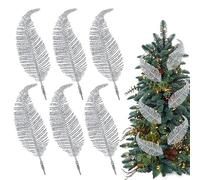 Shining She 6PCS Christmas Glitter Feathers, Artificial Feather xmas Tree Decoration, Christmas Tree Baubles Xmas Home Decorations, Silver