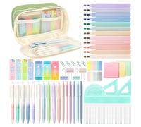 Shining She 94 PCS Aesthetic School Supplies with Green Pencil Case, 12 Pastel Highlighters, 10 Gel Pens, 6 Mechanical Pencils 0.5 & 0.7 mm, Rulers, Sticky Notes for School Office Stationery Set