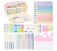 Shining She 94 PCS Aesthetic School Supplies with Pink Pencil Case, 12 Pastel Highlighters, 10 Gel Pens, 6 Mechanical Pencils 0.5 & 0.7 mm, Rulers, Sticky Notes for School Office Stationery Set