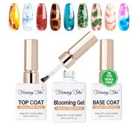 Shining She Base Coat Top Coat UV & Blooming Gel Set, 3 Pcs Kit TPO-free HEMA-free Gel Polish Set Soak-Off UV/LED, Blooming Nail Polish for Nail Design, Marble, Floral Print, 15ML