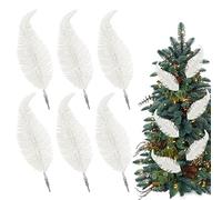Shining She Glitter Feathers, 6PCS White Artificial Feather Christmas Tree Decoration, Tree Baubles Xmas Home Decoration