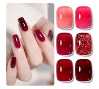 Shining She Jelly Gel Nail Polish, 6 Color Pink Red Burgundy Glitter Sheer Nail Polish Kit Transparent Nail Polish Soak-Off UV/LED Nail Polish Gel Gift for Nail Art Salon DIY Home, 8ML