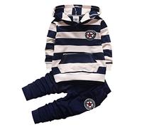 Shiningup Baby Boys Long Sleeve Hooded Striped T-Shirt and Pants Tracksuit, Blue, 1-2 Years