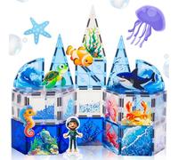 shinlecobe Marine Animal Theme Mini Magnetic Tiles for Kids Ages 4-8 included 6 Character Turtle Seahorse Shark Carb Clownfish Diver with Exquisite Pattern & Sequins Stem Sensory Toys for Toddlers 1-3