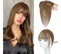 Shinon 10 Inch Human Hair Toppers with Fringe, Real Human Hair Toppers Pony Clip in Hair Toppers for Thinning Hair Women Pony Extension Real Hair for Women (Light Brown)