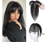 Shinon 10 Inch Human Hair Toppers with Fringe, Real Human Hair Toppers Pony Clip in Hair Toppers for Thinning Hair Women Pony Extension Real Hair for Women (Natural Black)