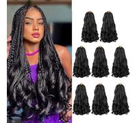 Shinon 16inchs French Curl Crochet Braiding Hair 8packs Loose Wavy Crochet Hair for Braids Pre Stretched Synthetic Extensions Bouncy Braiding Hair Extensions (1B#)