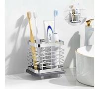 Shinowa Toothbrush Holder Wall Mounted for Bathroom, Stainless Steel Electric Toothbrush Toothpaste Holder with Fast Dry Tray, 2 Slots Adhesive and Countertop Bathroom Accessories Organizer, Silver