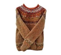 SHINROAD Comfortable Women Sweater Crochet Texture Women's Geometric Pattern Knit Pullover Round Neck Long Sleeve Color Patchwork Brown M