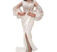 SHINROAD Dress for women See-through Turtleneck comfortable Regular Evening Dress High Waist High Split Hem Puff Sleeve Woman Gown Ladies Dress Clothing White 2XL