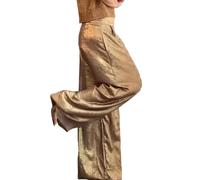 SHINROAD Flattering Leg Shape Pants Casual Wide-leg Trousers Women Long Elastic High Waist Metallic Solid Color Office Party Work Golden 3XL