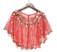 SHINROAD Lady Sequin Shawl Embellished Scarf Women Prom Beaded Decor See-Through Short V Neck Thin Shoulder Decoration Soft Breathabl Red Golden One Size