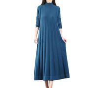 SHINROAD Loose Waistline Dress Solid Color Women Fall Winter Knitted A-line Hem High Collar Neck Protection Thick Warm Long Sleeve Pleated Mid-calf Length Blue One Size