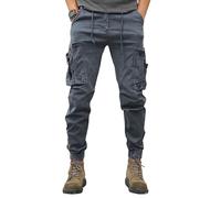 SHINROAD Men Casual Trousers Solid Color Pants Spring Fall Cargo Drawstring Waist Multi Pockets Ankle-banded Sport Daily Wear Outdoor Grey L