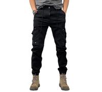 SHINROAD Men Casual Trousers Solid Color Pants Spring Fall Cargo Drawstring Waist Multi Pockets Ankle-banded Sport Daily Wear Outdoor Black M