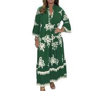 SHINROAD Printed Dress Women Dresses Fall Spring Stand Collar Long Sleeves Color Matching Print Pleated Patchwork A-line Loose Hem Ankle Army Green XL