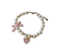 SHINROAD Red Pet Collar Cat Faux Pearl Dog with Heart Bowknot Charm Adjustable Straps Imitation Crystal for Cats Dogs Vintage Style Jewelry Pink M