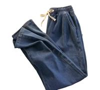 SHINROAD Solid Color Denim Trousers Men's Elastic Waist Drawstring Jeans Casual Pants with Pockets Wide Leg Loose Versatile Dark Blue XL