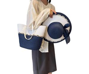 SHINROAD Versatile Straw Handbag Girls Summer Sun Hat Woven Shoulder Bag Tote Set with Bow Elegant Beach Cap for Travel Work Daily Essentials Boho Chic Navy Blue One Size