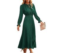 SHINROAD Women Dress,Dot Print Pleated Women's Fall Spring Dress,High Tight Waist Long Sleeve Shirring Collar Lace Up V Neck Mid-Calf Length Lady Midi Dress Atrovirens S