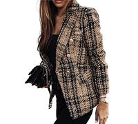 SHINROAD Women's plaid jacket Blazer Double-breasted Long Sleeves Thick Cardigan Business Winter Coat Female Clothes Dark Khaki L