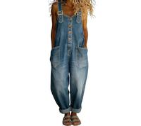SHINROAD Women's Trendy Vintage Denim Bib Overalls, Loose Casual Wide Leg Jumpsuit with Adjustable Buckle, Button Front Rompers with Pockets Tapered Leg Jean Pants(Blue,XL)