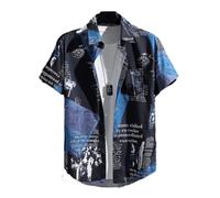 SHINsuke Men Hawaiian Shirt, Short Sleeve Graffiti Tropical Beach T Shirts Button Up Y2K Graphic Tee Tops Holiday Summer, Black, XXL