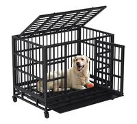 Shintenchi 48 inch Heavy Duty Crates for Large Dog, Indestructible and Escape-Proof Cage Kennel with Lockable Wheels, Double Door High Anxiety with Removable Tray, Black