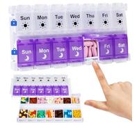 Shintop Am Pm Pill Organizer 7 Day, Push Button Weekly Pill Box 2 Times Removable Lid Pill Case Easy Fill Day and Night Vitamin Container for Medications Fish Oil Supplements (Purple & White)