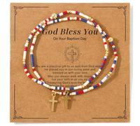 SHINUS BOHO 2Pcs Gold Religious Cross Seed Beaded Bracelets for Women Men,Inspirational Jesus Baptism Stackable Handmade Colorful Stretch Strand Summer Beach Trendy Jewelry Gift, 7.0, Alloy Steel, no