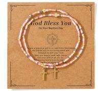 SHINUS BOHO 2Pcs Gold Religious Cross Seed Beaded Bracelets for Women Men,Inspirational Jesus Baptism Stackable Handmade Colorful Stretch Strand Summer Beach Trendy Jewelry Gift, 7.0, Alloy Steel, no