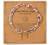 SHINUS BOHO 2Pcs Gold Religious Cross Seed Beaded Bracelets for Women Men,Inspirational Jesus Baptism Stackable Handmade Colorful Stretch Strand Summer Beach Trendy Jewelry Gift, 7.0, Alloy Steel, no