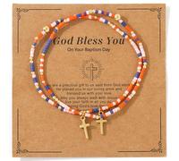 SHINUS BOHO 2Pcs Gold Religious Cross Seed Beaded Bracelets for Women Men,Inspirational Jesus Baptism Stackable Handmade Colorful Stretch Strand Summer Beach Trendy Jewelry Gift, 7.0, Alloy Steel, no