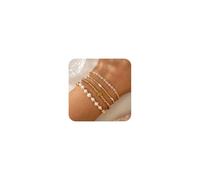 SHINUS BOHO 4pcs Gold Beaded Pearl Bracelets Set for Women Multi Layer Versatile Stackable Stretch Cuff Sparkly Stone Crystal Gemstone Jewelry Birthday Gifts, 7.0, Brass, no gemstone