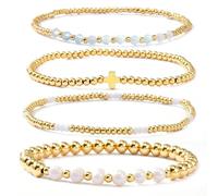 SHINUS BOHO 4pcs Gold Beaded Pearl Bracelets Set for Women Multi Layer Versatile Stackable Stretch Cuff Sparkly Stone Crystal Gemstone Jewelry Birthday Gifts, 7.0, Brass, no gemstone