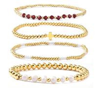 SHINUS BOHO 4pcs Gold Beaded Pearl Bracelets Set for Women Multi Layer Versatile Stackable Stretch Cuff Sparkly Stone Crystal Gemstone Jewelry Birthday Gifts, 7.0, Brass, no gemstone