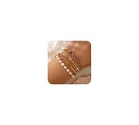 SHINUS BOHO 4pcs Gold Beaded Pearl Bracelets Set for Women Multi Layer Versatile Stackable Stretch Cuff Sparkly Stone Crystal Gemstone Jewelry Birthday Gifts, 7.0, Brass, no gemstone