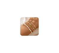 SHINUS BOHO 4pcs Gold Beaded Pearl Bracelets Set for Women Multi Layer Versatile Stackable Stretch Cuff Sparkly Stone Crystal Gemstone Jewelry Birthday Gifts, 7.0, Brass, no gemstone