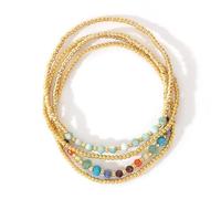 SHINUS BOHO 4pcs Gold Beads Colorful Bracelet Set for Women Multilayer Versatile Stackable Stretch Cuff Bling Glass Crystal Gemstone Jewelry Birthday Gift, 7.0, Brass, No Gemstones