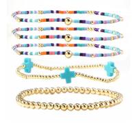 SHINUS BOHO 5Pcs Blue Cross Gold Beaded Stack Bracelets Set for Women,Stretch Colorful Charm Handmade Bulk Friendship Bohemian Summer Jewelry Gift