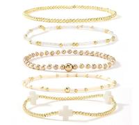SHINUS BOHO 5Pcs Gold Plated Cross Beaded Bracelets Stack Set for Women,Stretch Stackable Boho Colorful Beads Ball Jewelry Friendship Summer Daily Wear Trendy, 7.0, Brass, no gemstone
