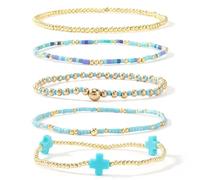 SHINUS BOHO 5Pcs Gold Plated Cross Beaded Bracelets Stack Set for Women,Stretch Stackable Boho Colorful Beads Ball Jewelry Friendship Summer Daily Wear Trendy, 7.0, no gemstone