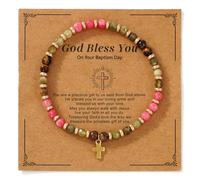 SHINUS BOHO Christian Gold Cross Bracelets for Women Faith Easter Catholic Religious Christian Jewelry, Meaningful Baptism Communion Natural Beads Bracelet Gift., 5 UK, Brass, no gemstone